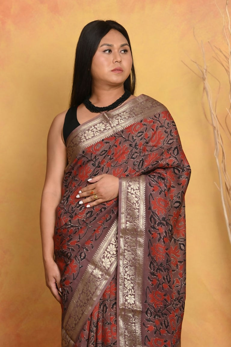 Very Much Indian Modal Silk Ajrakh Handblock Printed Natural Dyes With Designer Border Saree - Maroon