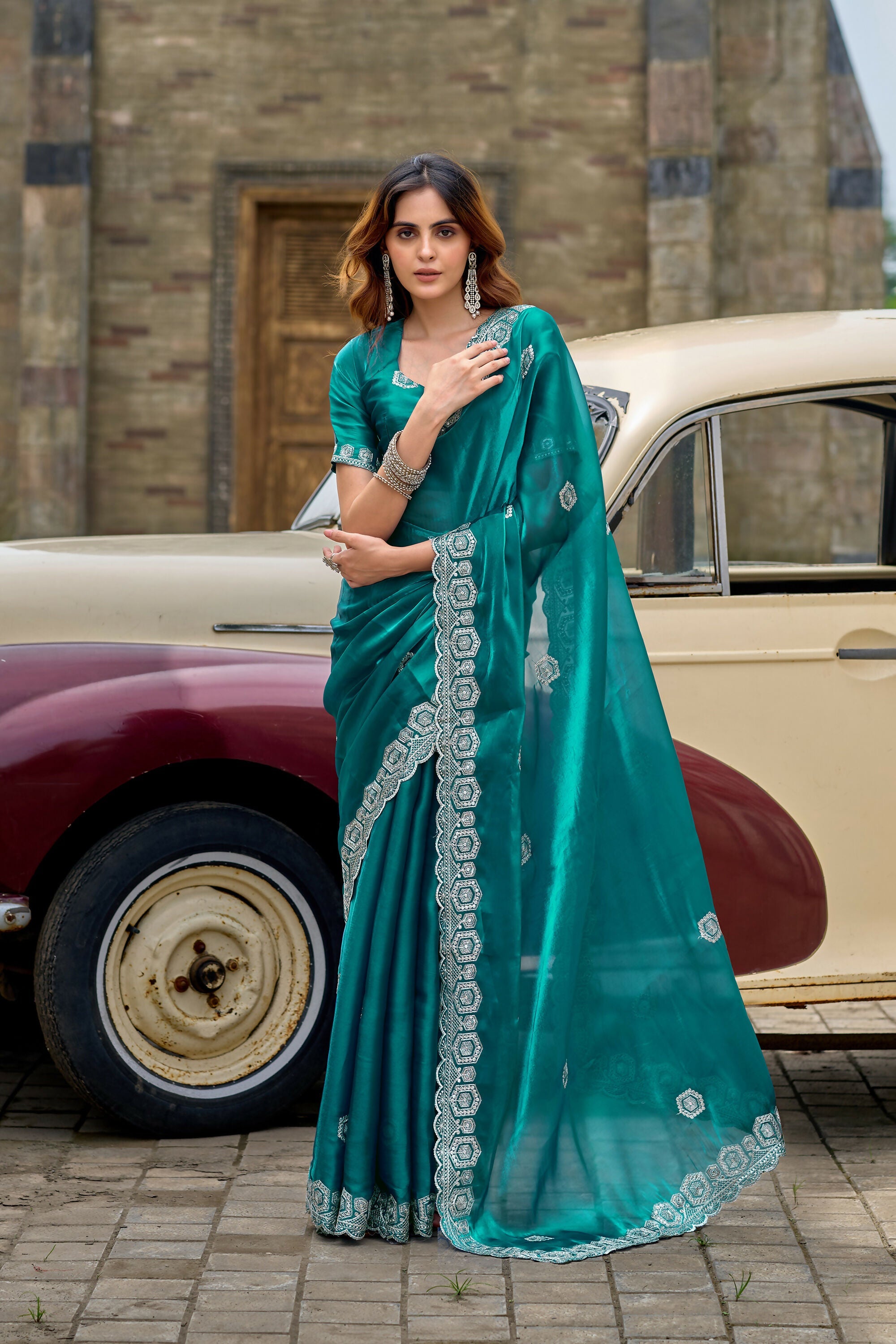 Vastranavya Rama Embroidery Work Shimmer Chiffon Saree with Unstitched Blouse - Distacart