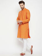 Even Apparels Orange Pure Cotton Long Men's Kurta With Band Collar - Distacart