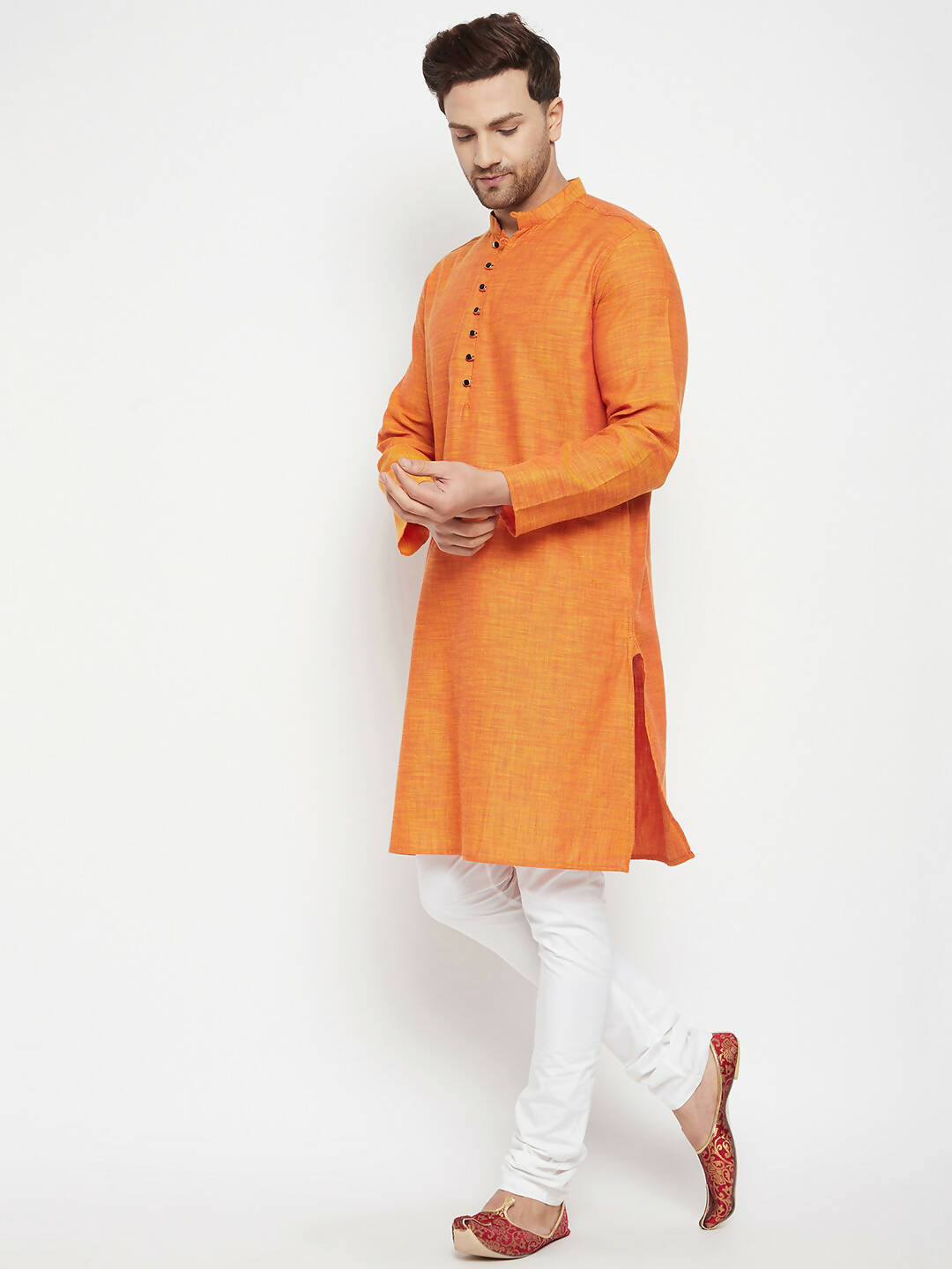 Even Apparels Orange Pure Cotton Long Men's Kurta With Band Collar - Distacart