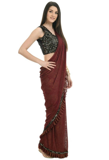 Mominos Fashion All Season Wear Rust And Black Ruffled Ready To Wear Saree