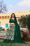 Vastranavya Ethnic Look Tussar Silk Floral Printed With Foil Work Indian Lehenga Choli - Green