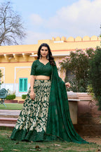 Vastranavya Ethnic Look Tussar Silk Floral Printed With Foil Work Indian Lehenga Choli - Green