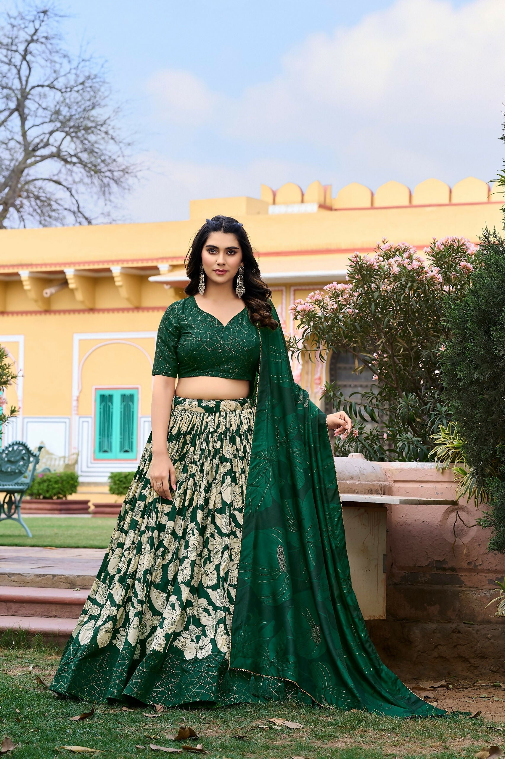Vastranavya Ethnic Look Tussar Silk Floral Printed With Foil Work Indian Lehenga Choli - Green