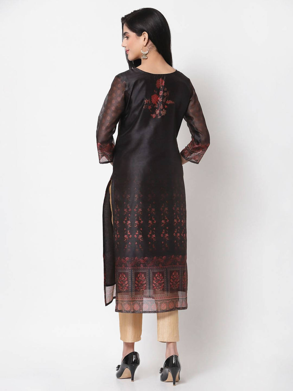Myshka Multi Printed Chanderi Silk 3/4 Sleeve Round Neck Casual Kurta