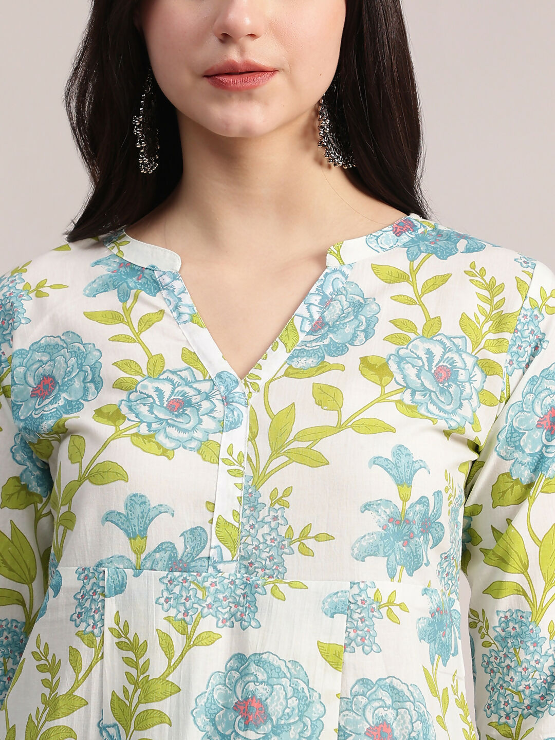 Aavyora Women's Off-White and Blue Cotton A-Line Tunic with Blue and Green Floral Print.