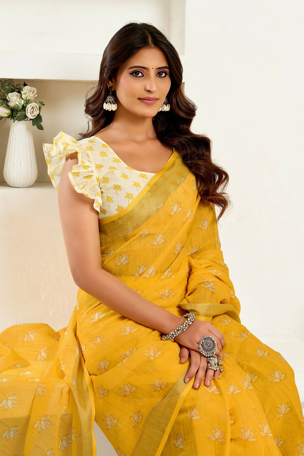 Vastranavya Yellow Digital Printed Linen Ready To Wear Designer Saree with Unstitched Blouse - Distacart