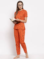 Myshka Women's Brown Cotton Printed Half Sleeve Collar Neck Casual Night suit