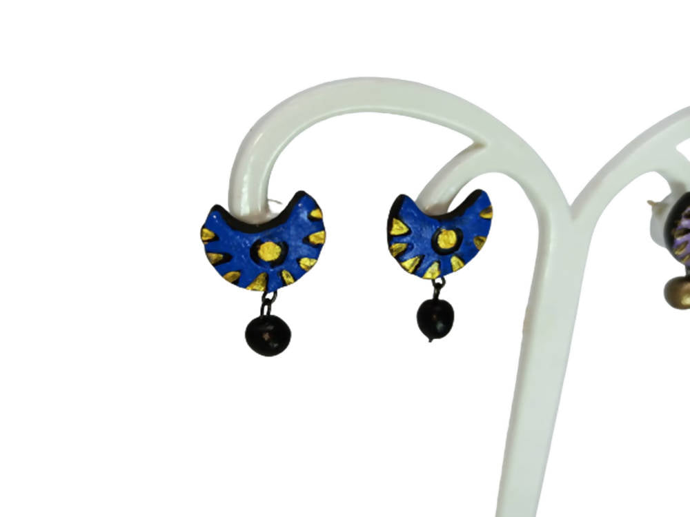 Terracotta Crescent Shaped Ear Studs With Drops
