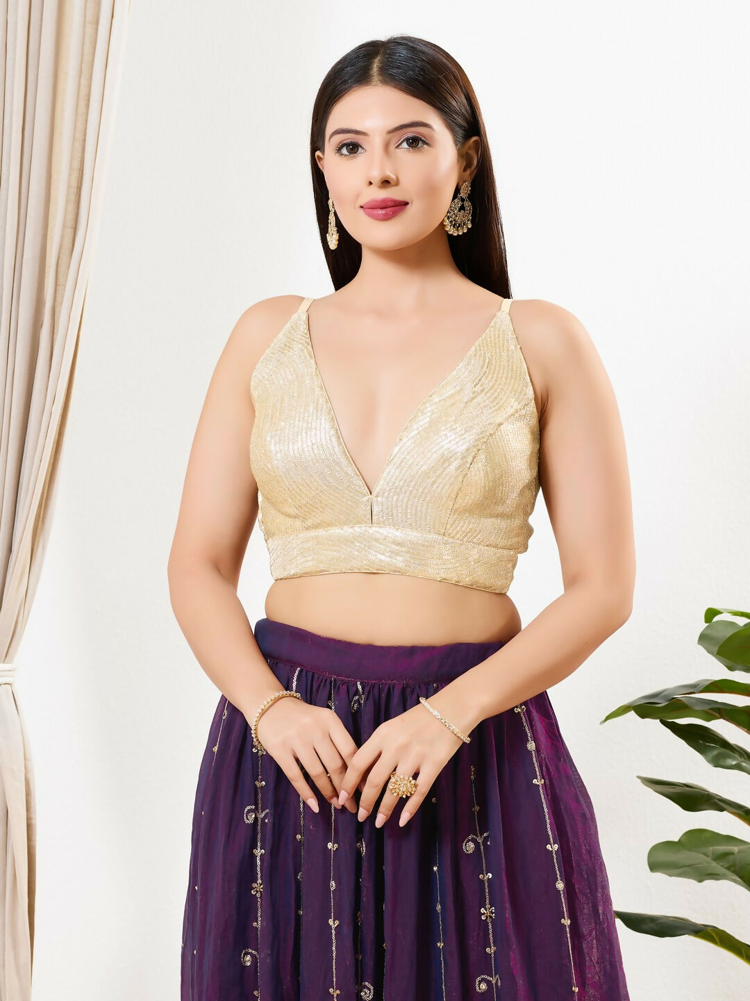 Joban Fashion Antique Gold Sequins Padded Blouse With V Neck Sleeveless - Distacart