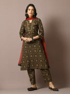 Myshka Women's Multi Printed Cotton Straight Party Kurta Set With Dupatta