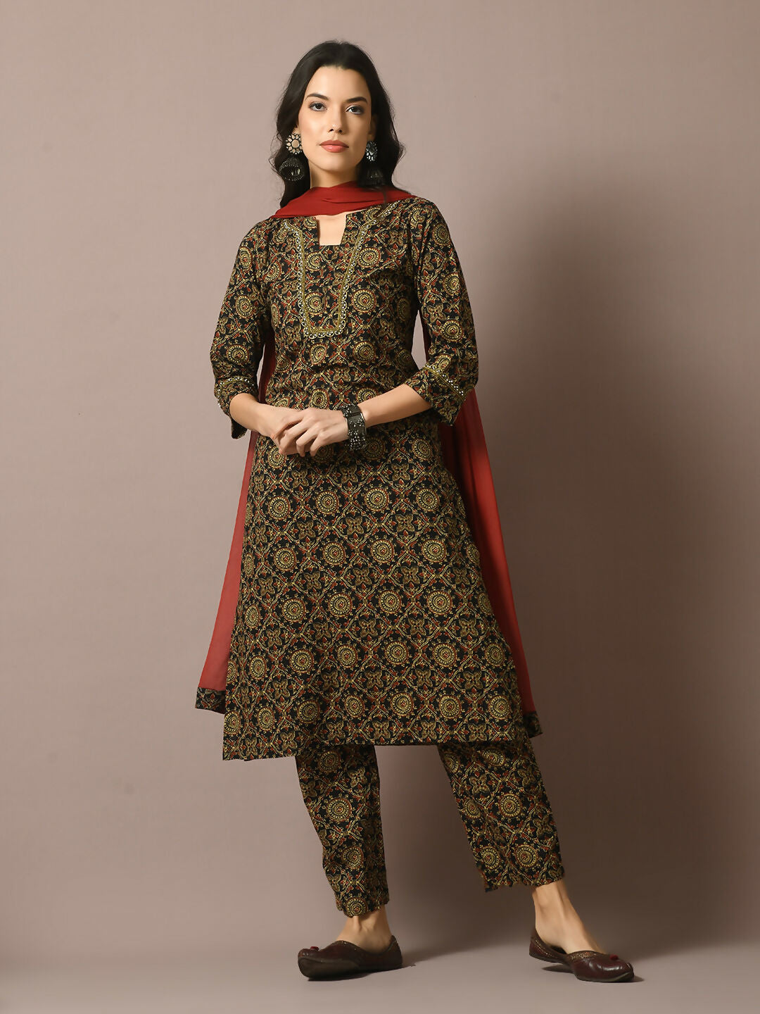 Myshka Women's Multi Printed Cotton Straight Party Kurta Set With Dupatta