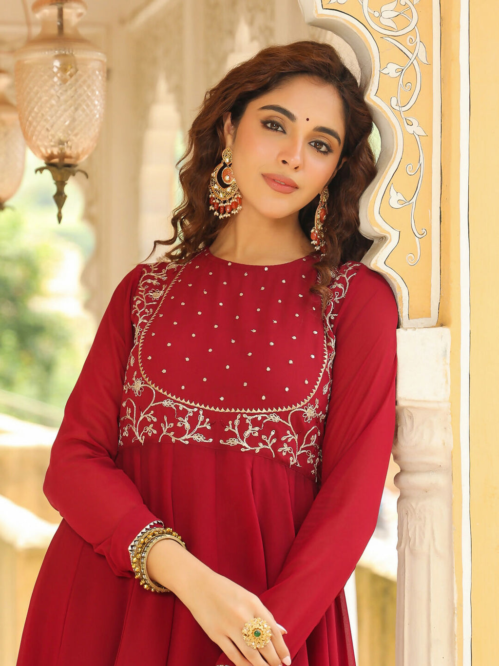 Janasya Maroon Georgette Embroidered Kurta,Bottom & Dupatta