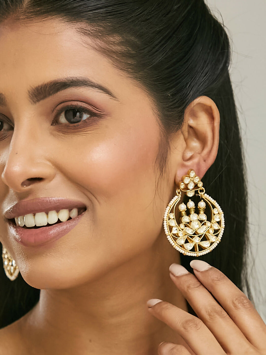 Nuyug 22K Gold-Plated Elegant Kundan Stone Studded & Pearl Beaded Chandbalis - Distacart
