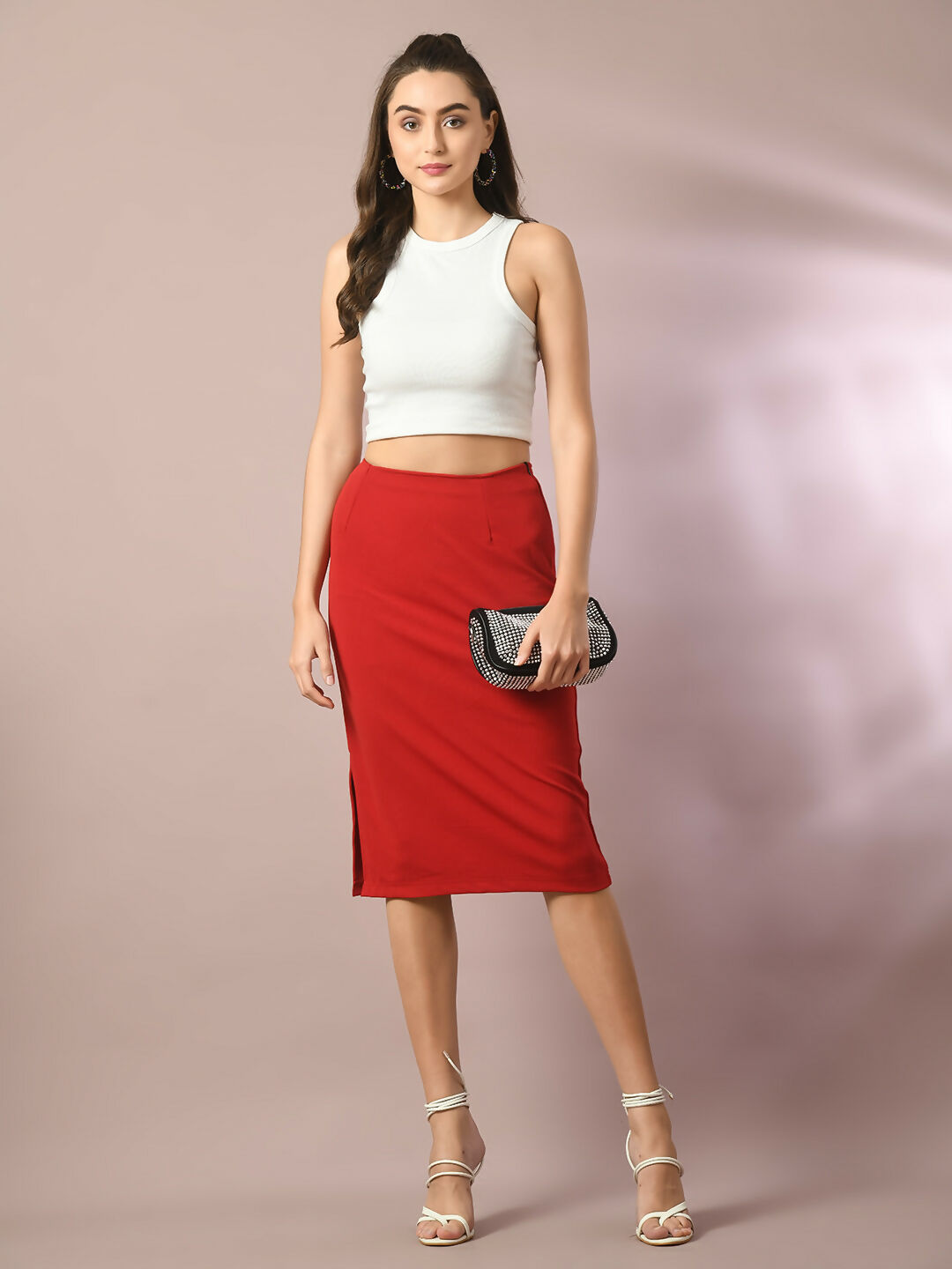 Myshka Women's Red Solid Knee Length Party Embellished Skirts