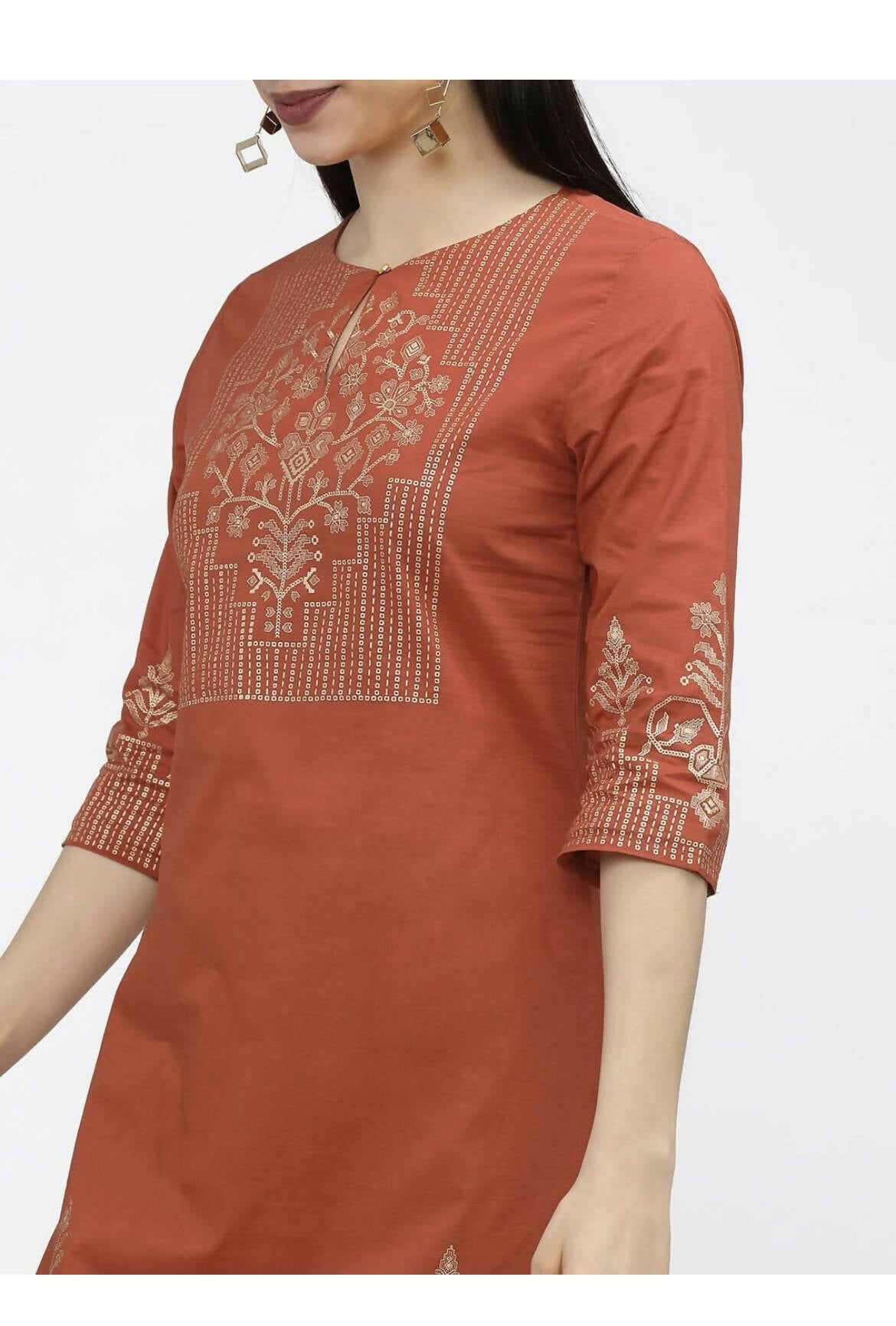 Cheera Embellished Daily Wear Cotton Blend Kurta - Brown
