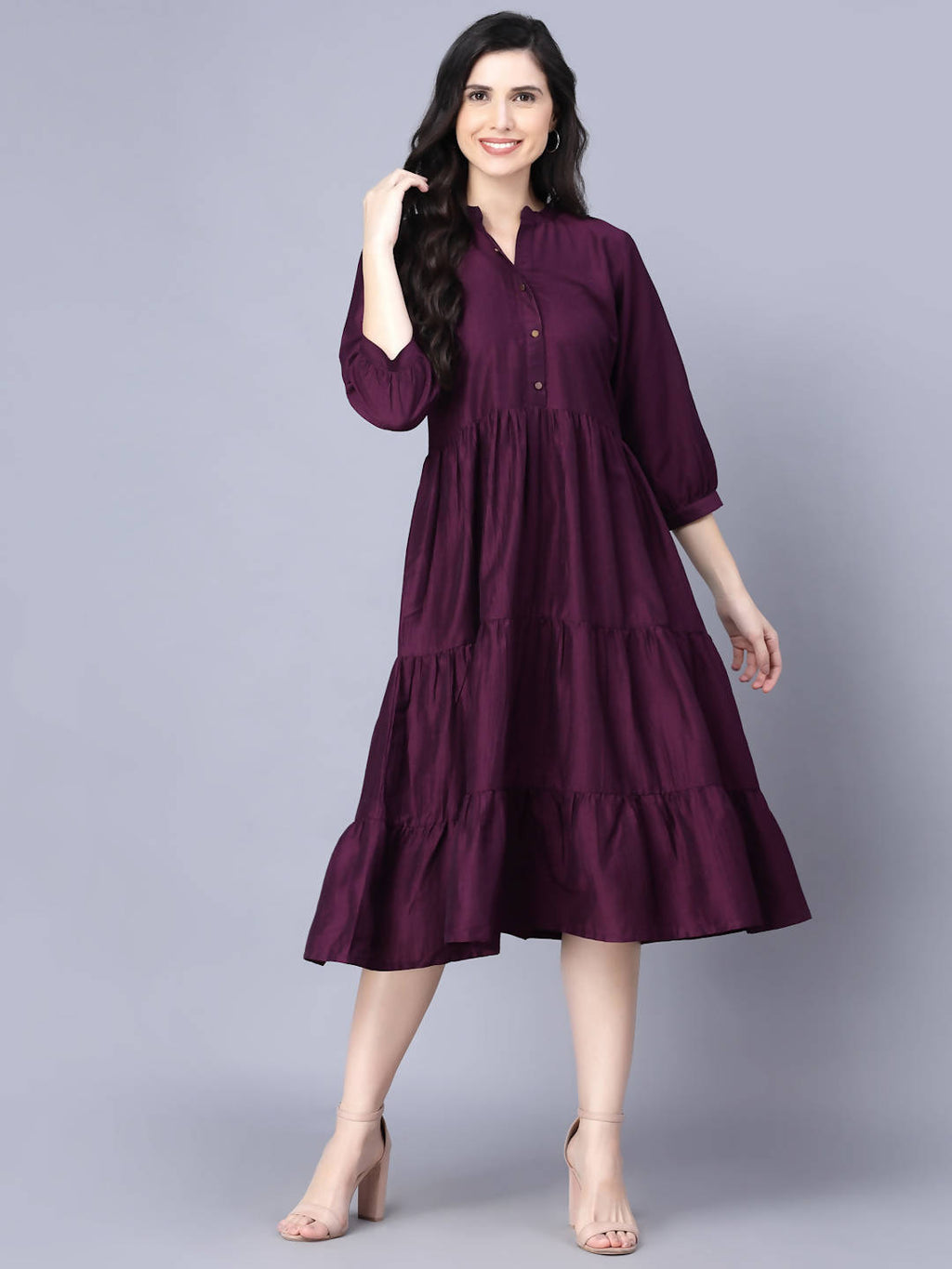 Myshka Silk Solid 3/4 Sleeve V Neck Purple Women Dress - Distacart
