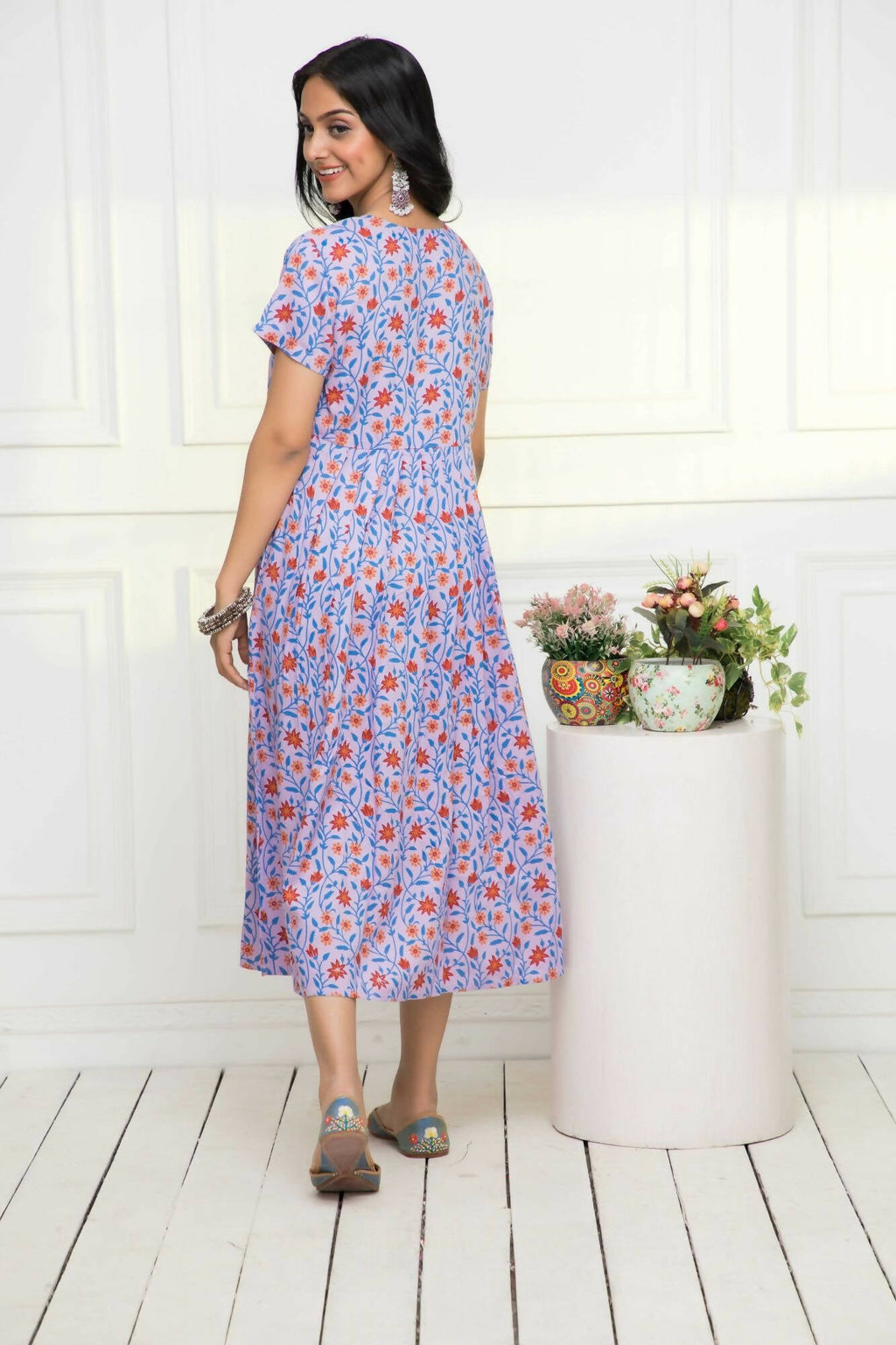 Myshka Women Purple Floral Rayon A-Line Round Neck Dress - Distacart