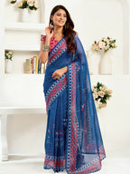 Joban Fashion Navy Blue Kalamkari & Ajrakh Linen Ready To Wear Saree With Unstitched Blouse - Distacart