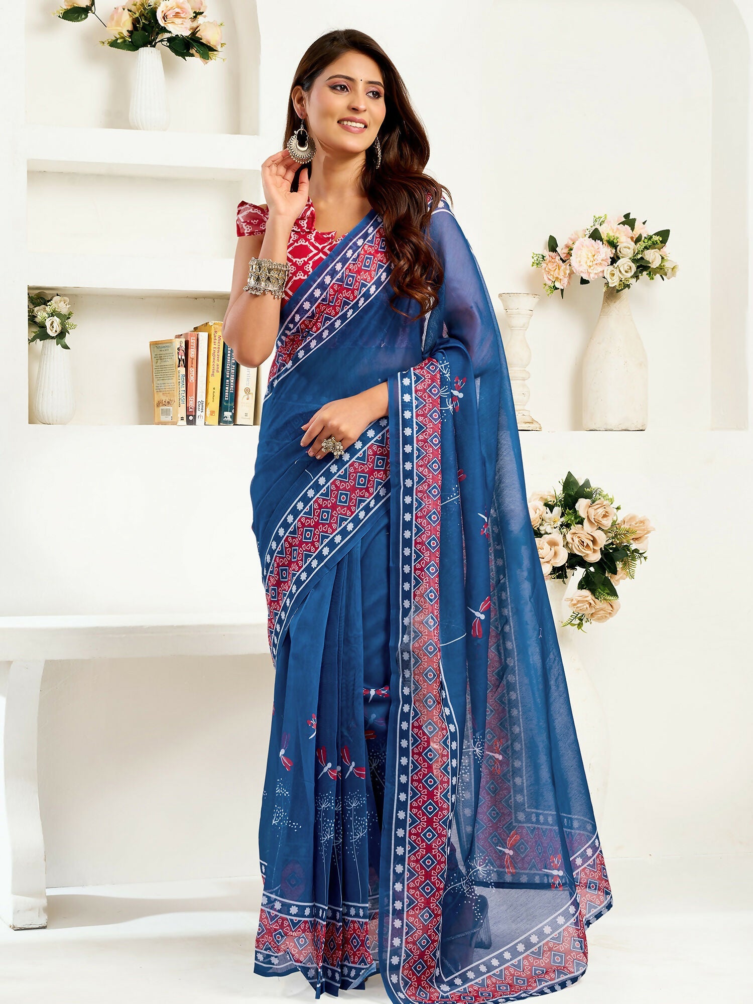 Joban Fashion Navy Blue Kalamkari & Ajrakh Linen Ready To Wear Saree With Unstitched Blouse - Distacart