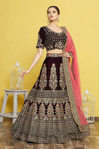 Wine Velvet Semi-Stitched Wedding Bridal Lehenga - Nimaya