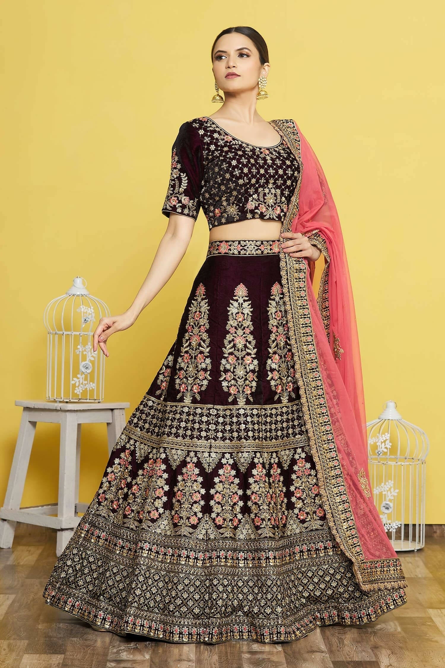 Wine Velvet Semi-Stitched Wedding Bridal Lehenga - Nimaya