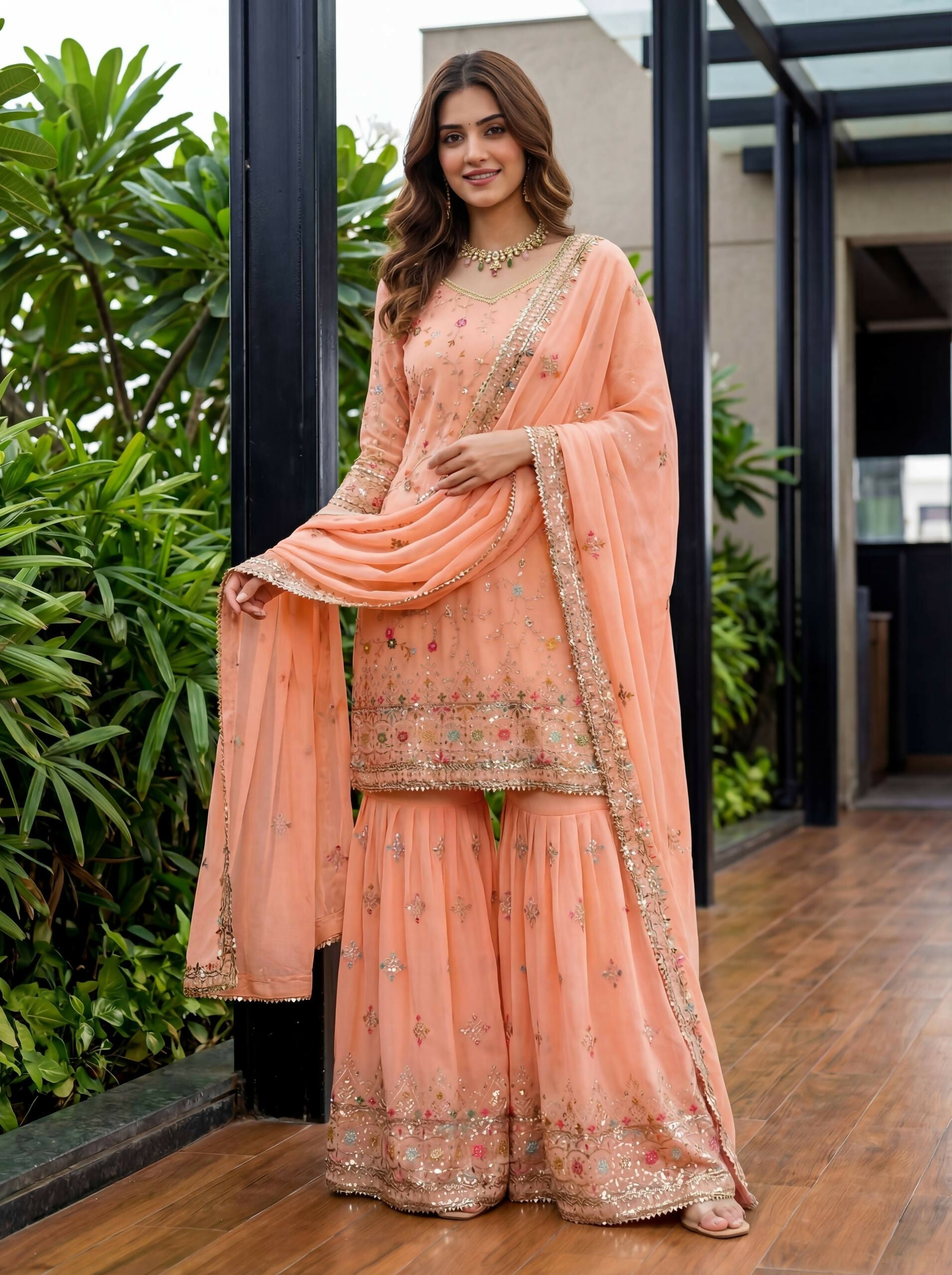 Joban Fashion Orange Georgette Embroidered Sharara Set - Distacart
