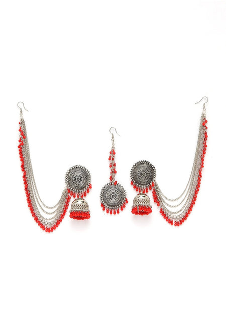 Mominos Fashion Johar Kamal Bahubali Red Beads Earrings With Tikka