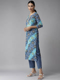 Yufta Women Blue Bandhani Printed Embroidered Detail Cotton Kurta with Trouser & Dupatta
