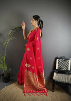 Joban Fashion Red Banarasi Lichi Silk Gold Zari Meena Saree - Distacart