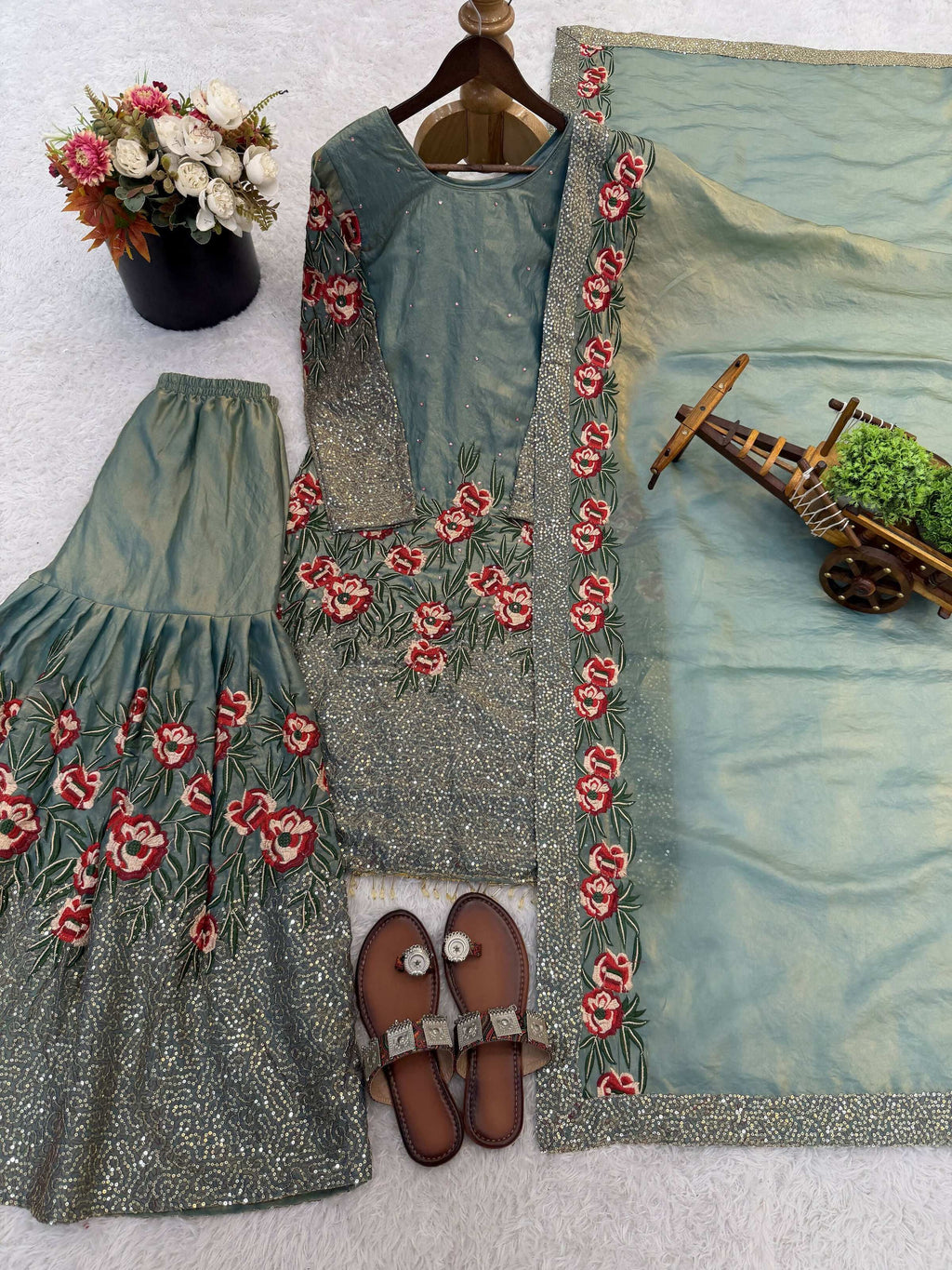 Teeya Creation Teal Fendy Silk Heavy Embroidery Work Party Wear Sharara Suit - Distacart