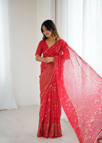 PR Fashion Red Georgette Patta Plain With Foil Work And Small Lace And Zalar Lace Saree