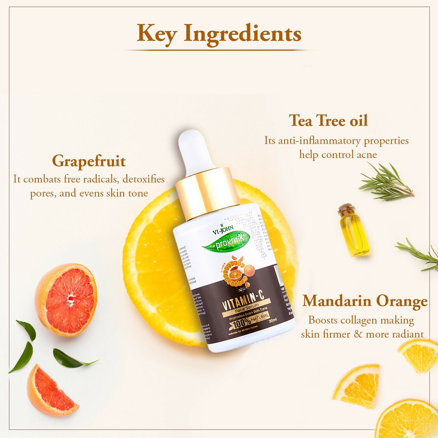 VI-JOHN Prakritik Vitamin C Face Serum Brightening, Anti-Aging & Glowing Skin, 100% Bio-Actives - Distacart