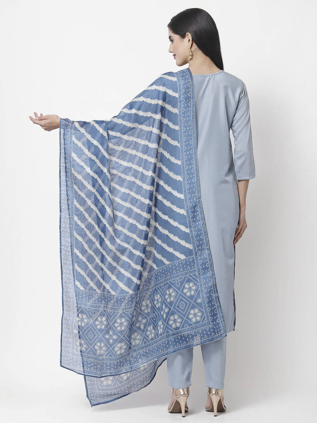Myshka Women Light Blue Silk Blend Embroidered 3/4 Sleeve Round Neck Kurta Pant Dupatta Set