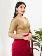 Joban Fashion Gold Silk Padded Blouse With V Neck Elbow Sleeves - Distacart
