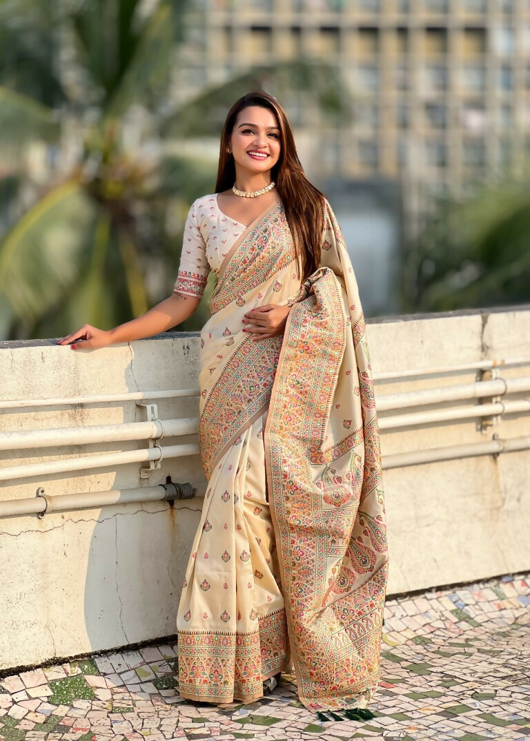 Yellow Pashmina Silk Wevon Kashmiri Meenakari Designer Saree with Unstitched Blouse - Vandini