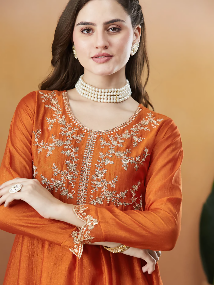 The52 Orange Women's Beautiful Vichitra Silk Fabric Embroidered Work Flared Anarkali Pant and Dupatta Set - Distacart
