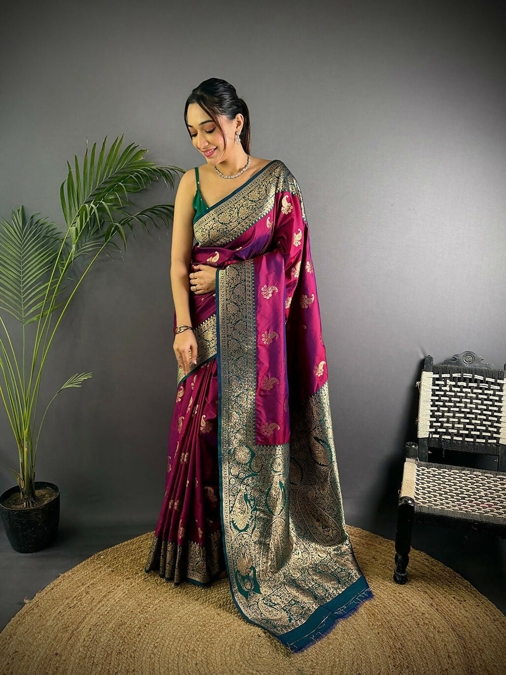 Joban Fashion Banarasi Rani Pink Woven Butti Soft Silk Saree - Distacart