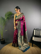 Joban Fashion Banarasi Rani Pink Woven Butti Soft Silk Saree - Distacart