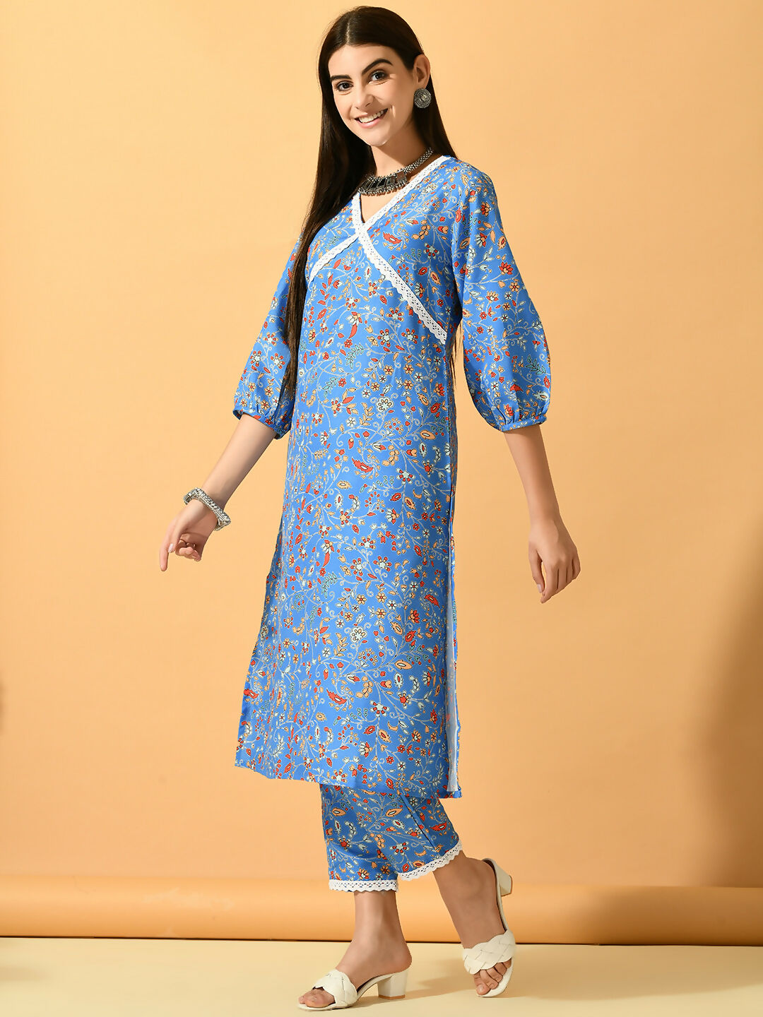 Myshka Women's Blue Printed Party Kurta Sets