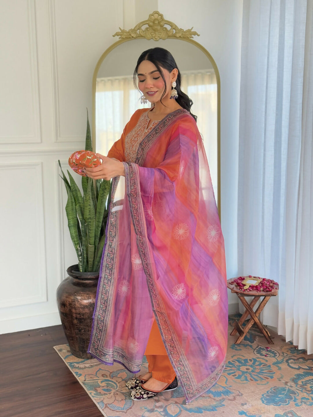 The52 Orange Women's Gorgeous Embroidered Rayon Fabric with Straight Kurta, Pant and Dupatta Set - Distacart