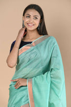 Very Much Indian Handloom Cotton Silk Maheshwari Saree With Sleek Golden Border - Teal Green