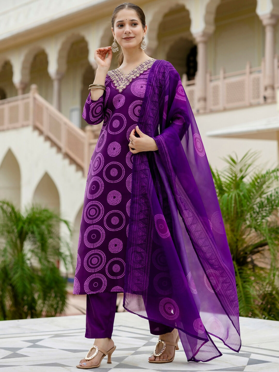 The52 Purple Women's Gorgeous Rayon Embroidered Straight Kurta with Pant And Dupatta Set - Distacart