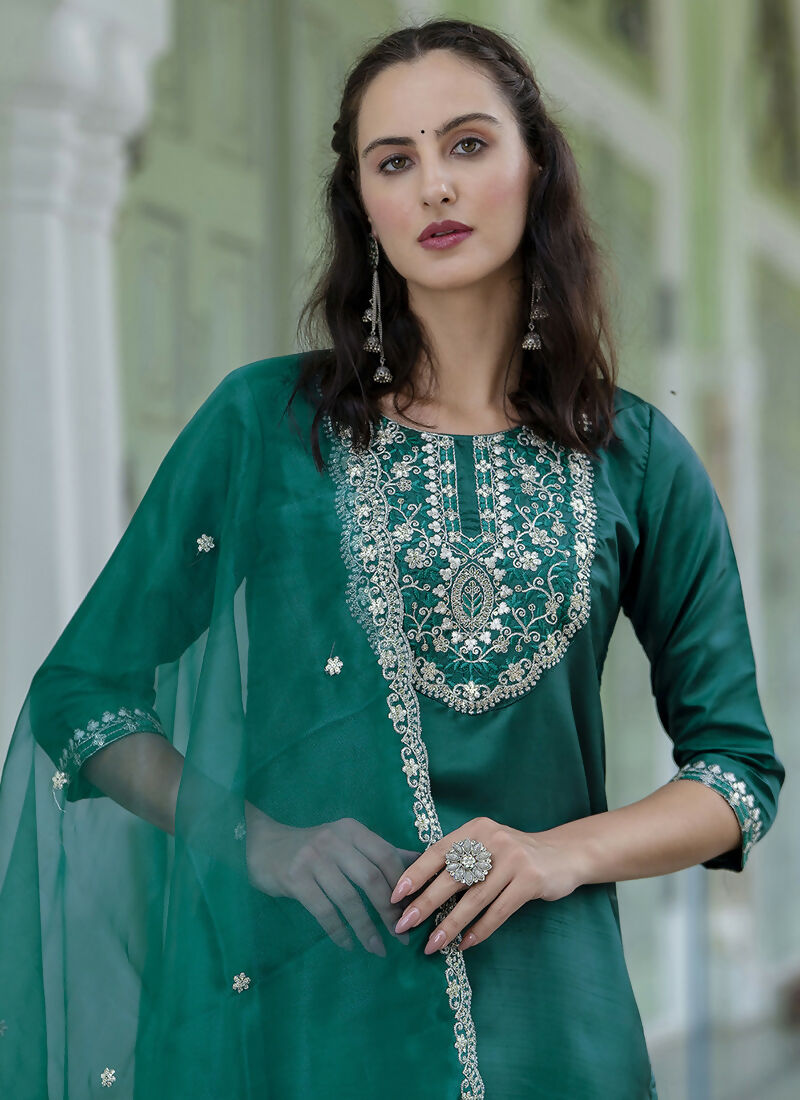Vellora Green Silk Blend Casual Salwar Suit with Intricate Embroidery