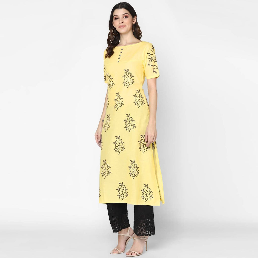Cheera Hand Block Print Pale Yellow Straight Kurta (MAAI-056K)