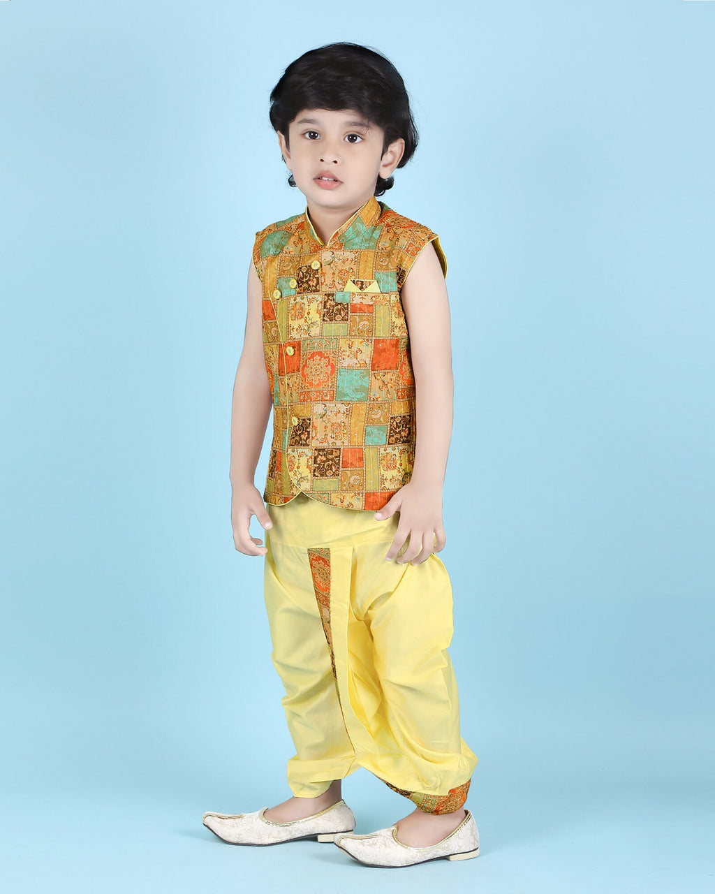 Joban Fashion Kids Island Cotton Sleeveless printed Kurta and Solid Dhoti - Yellow - Distacart