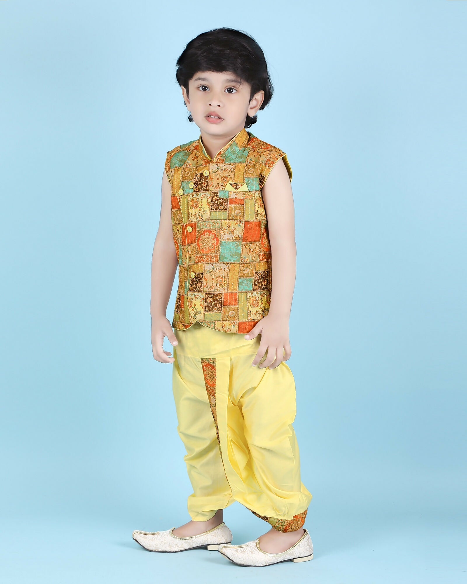Joban Fashion Kids Island Cotton Sleeveless printed Kurta and Solid Dhoti - Yellow - Distacart
