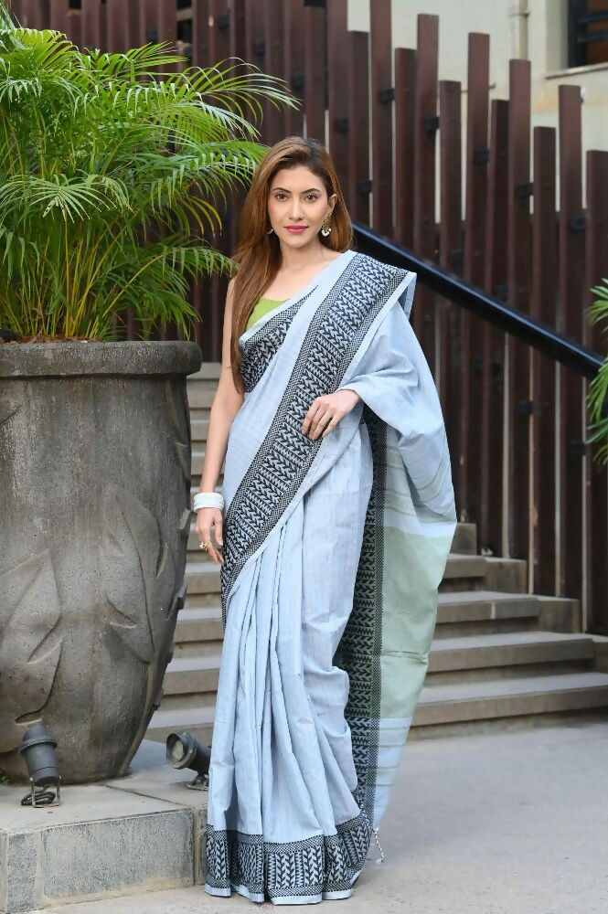 Beatitude Grey Cotton Jacquard Border Tangail Handloom Saree