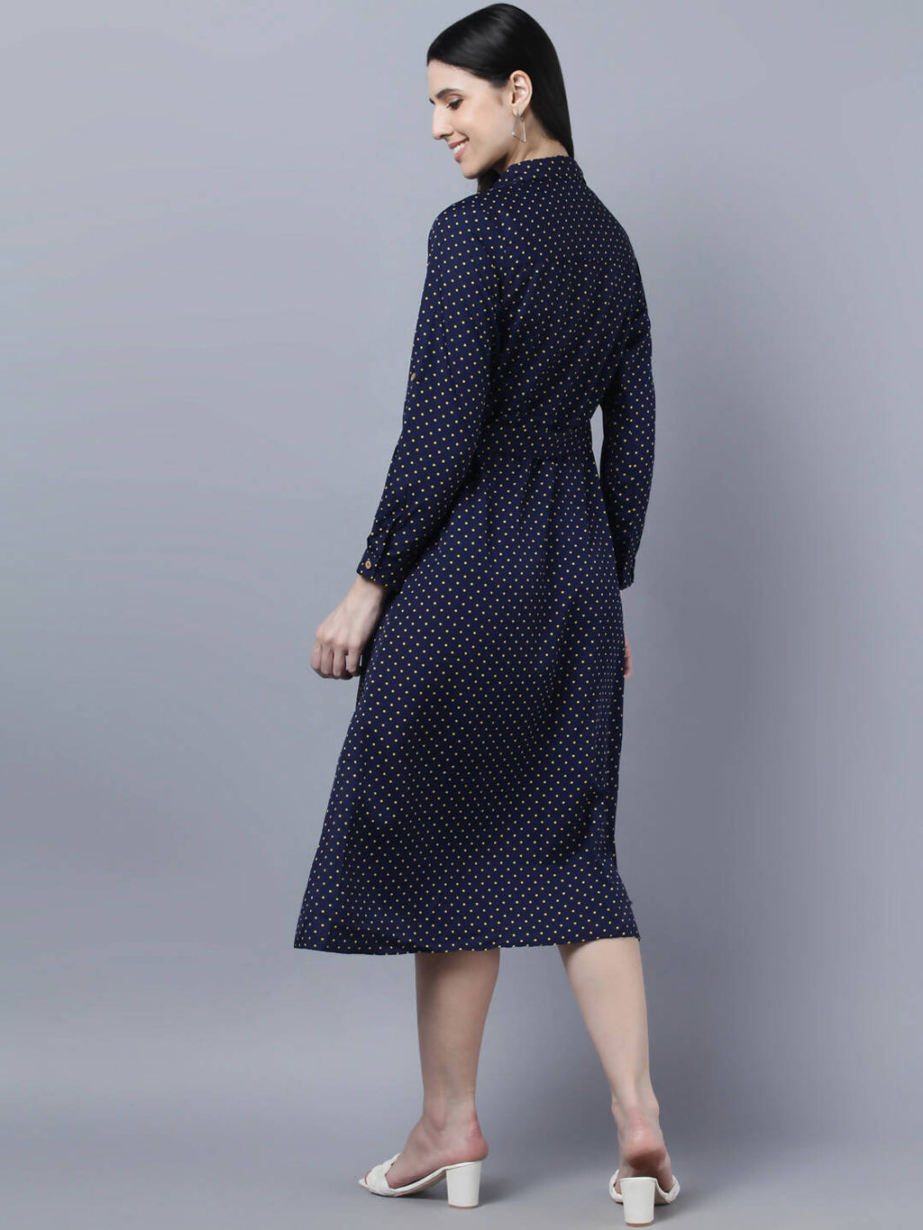 Myshka Women Navy Blue Yellow Printed Shirt Dress - Distacart
