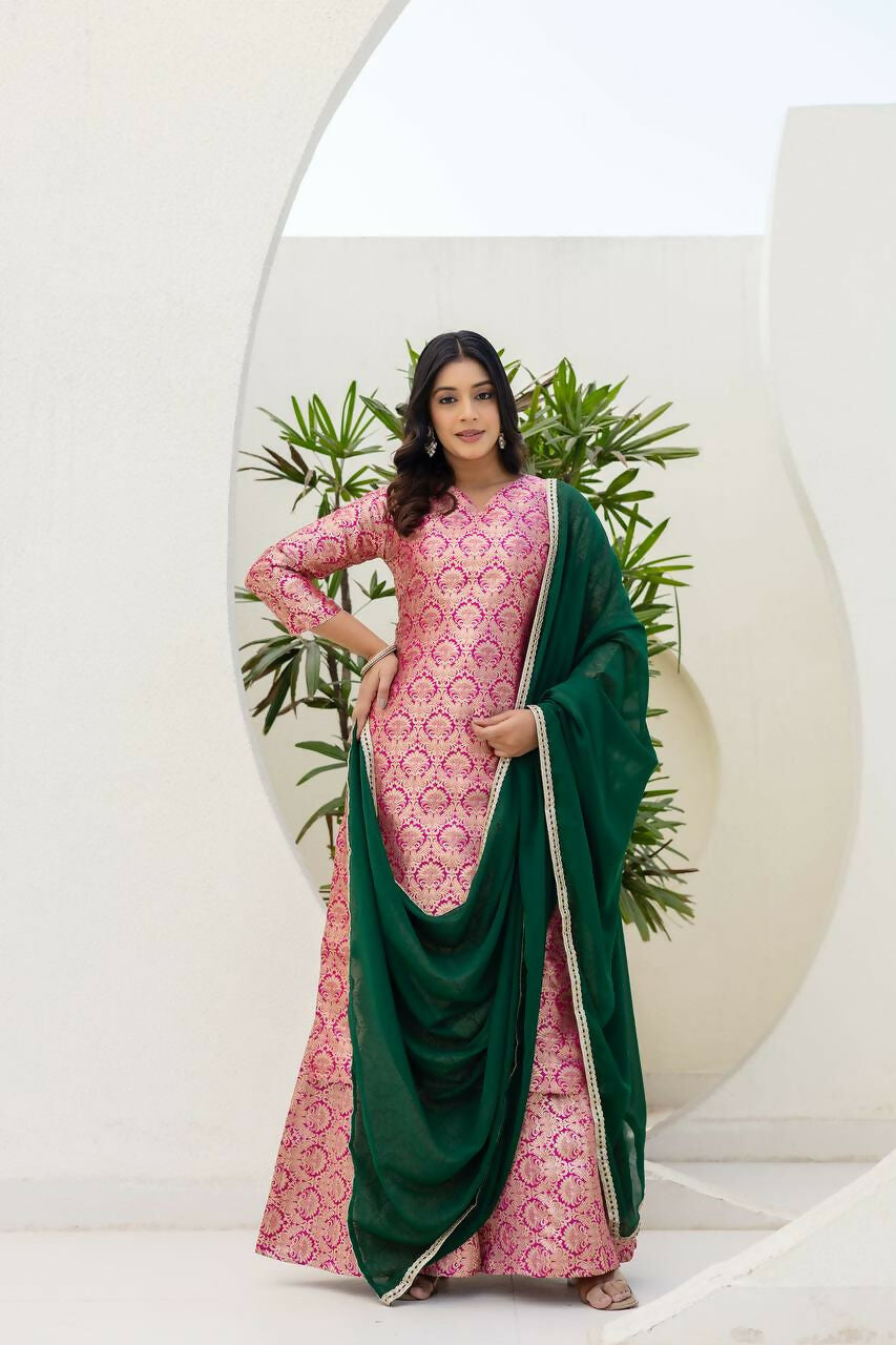 Joban Fashion Pink Jacquard Embroidered Sharara Set - Distacart